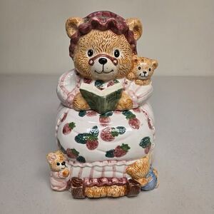 Mama Bear Cubs Strawberry Dress Ceramic  Cookie Jar 10.5" high Vintage Country